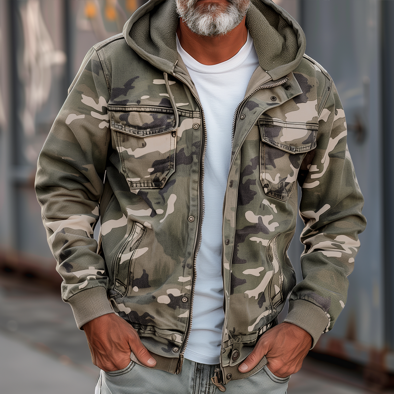 Tarnfarbene Herren-Cargo-Jacke mit Kapuze&nbsp;